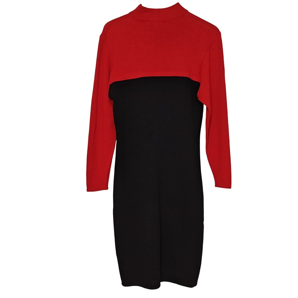 St John Marie Gray Knit Dress Womens 12 Red Black Colorblock Mock‎ Neck Santana - Picture 2 of 13